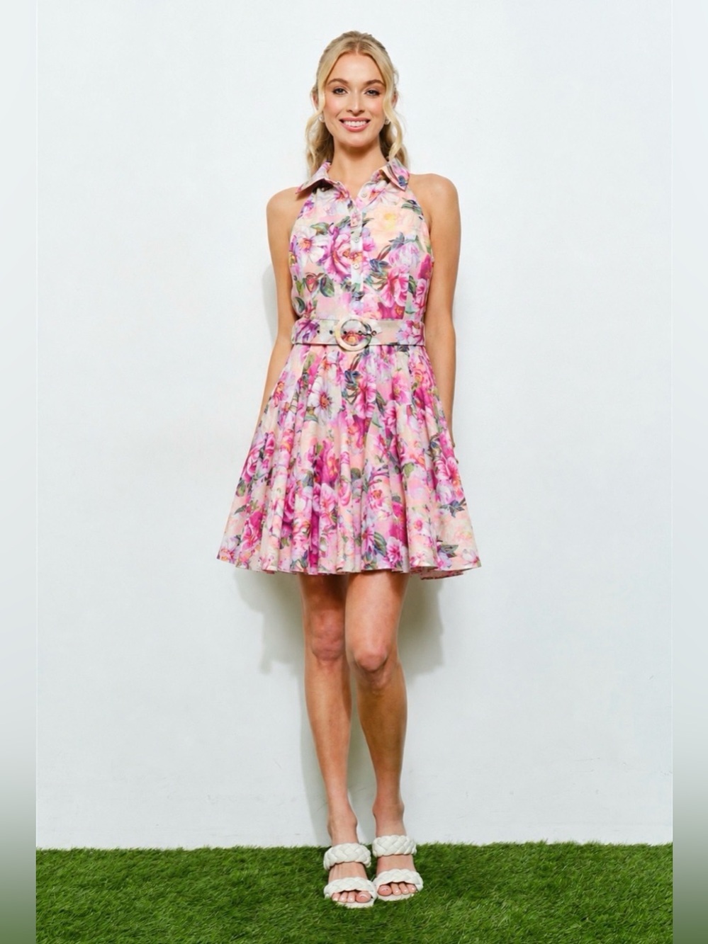 Floral Pink Belted Halter Fit & Flare Dress